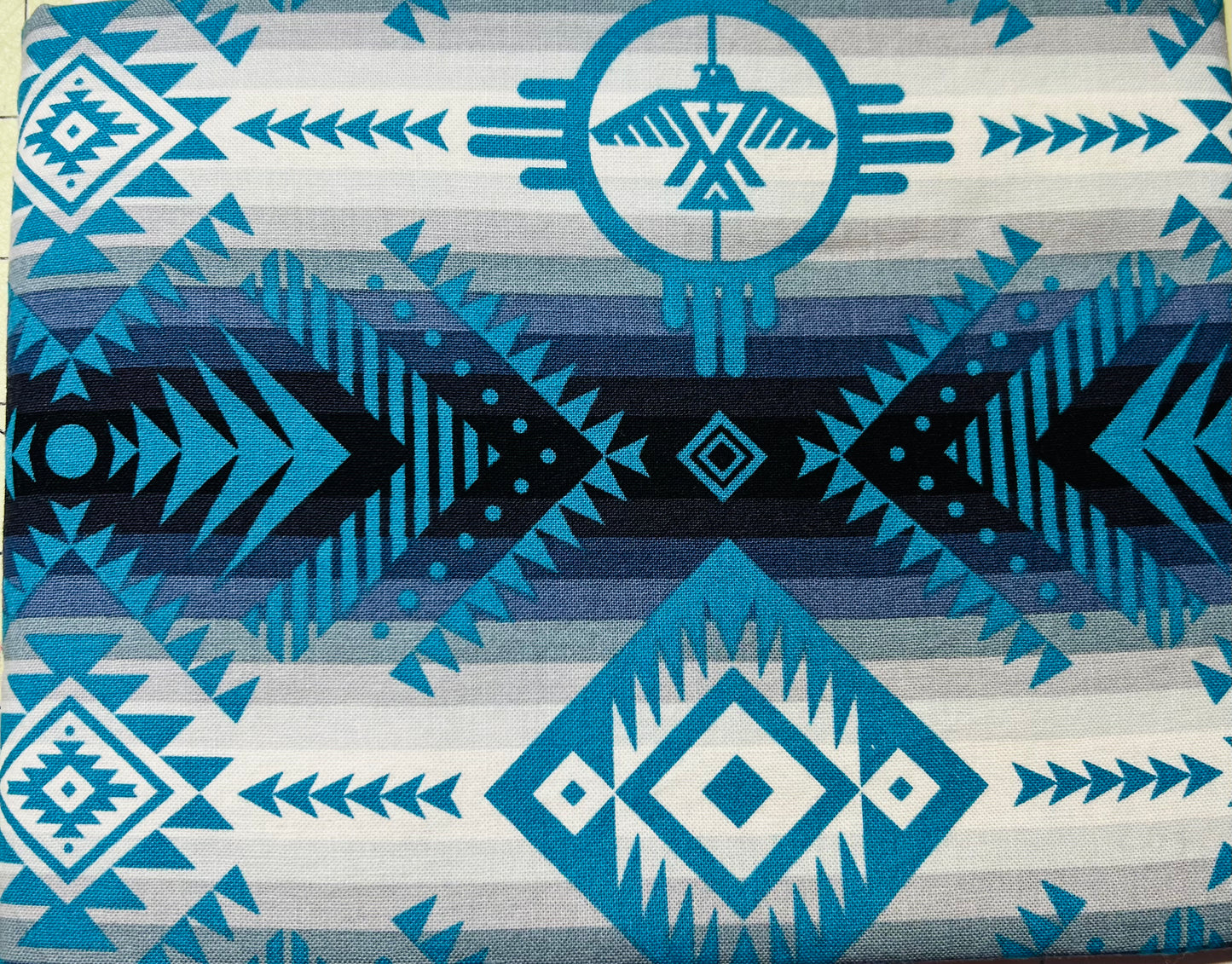 Blue, Grey, blk Aztec symbols birds