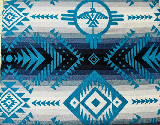 Blue, Grey, blk Aztec symbols birds
